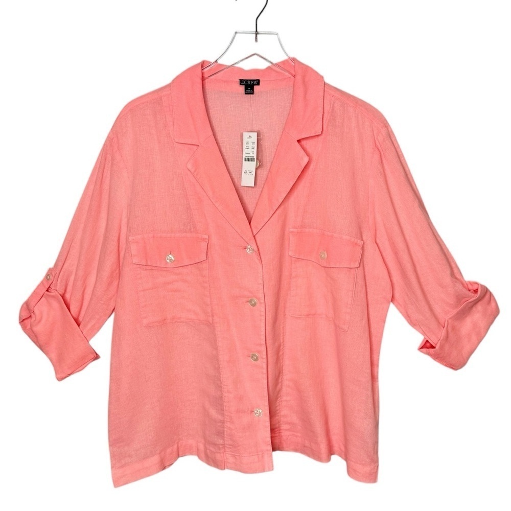 J.Crew Brilliant Peony Pink Linen Blend Utility Camp Shirt Size Sz 14 - Picture 2 of 11